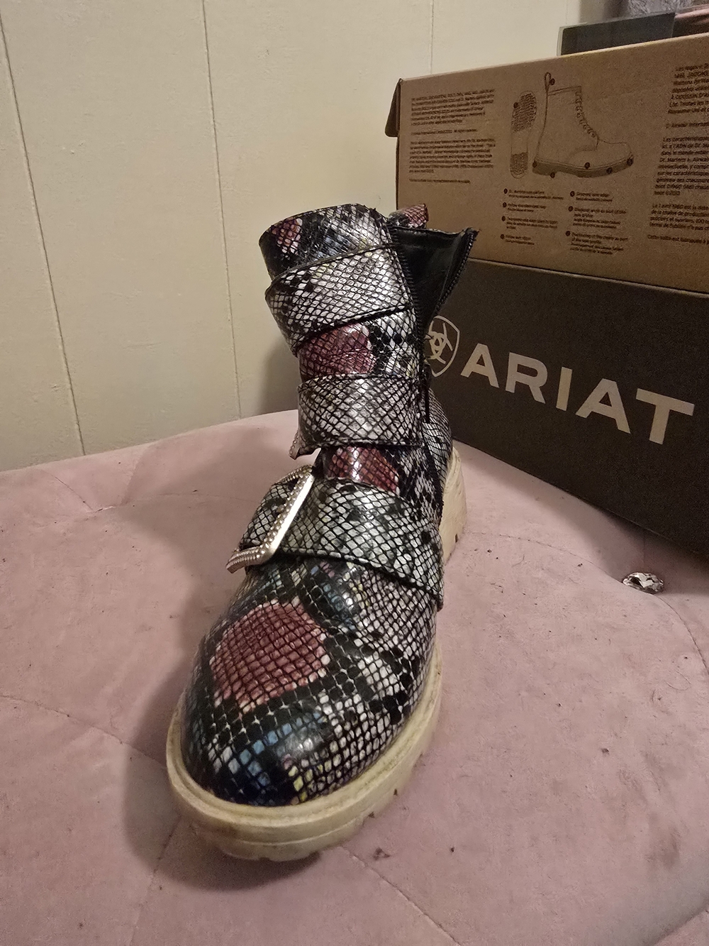 Snakeskin Buckle Ankle Boot in Black, Pink, Silver